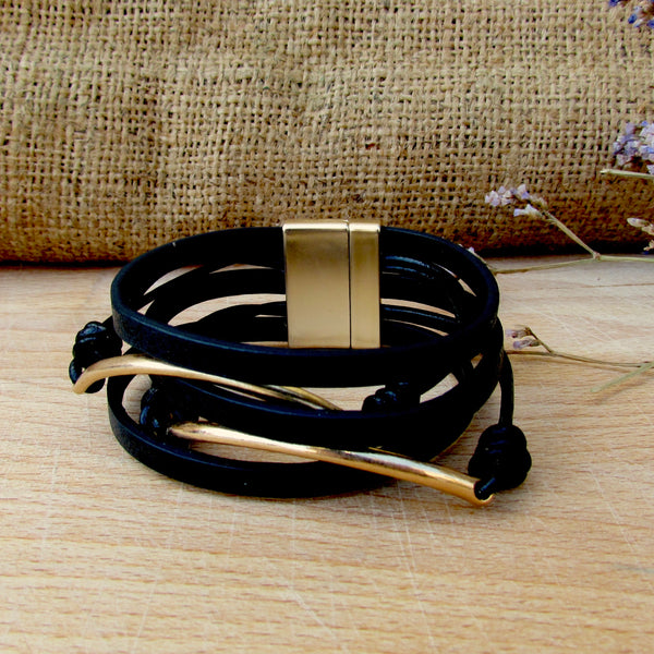 Nikita Bracelet Gold Plated & Black Leather