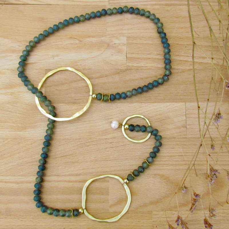 Melina Necklace Gold Plated, Green Glass Beads & Pearl 