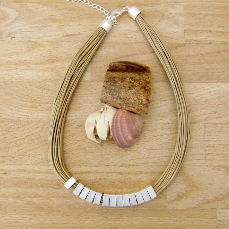 Ainsley Necklace Silver Plated & Beige Leather 