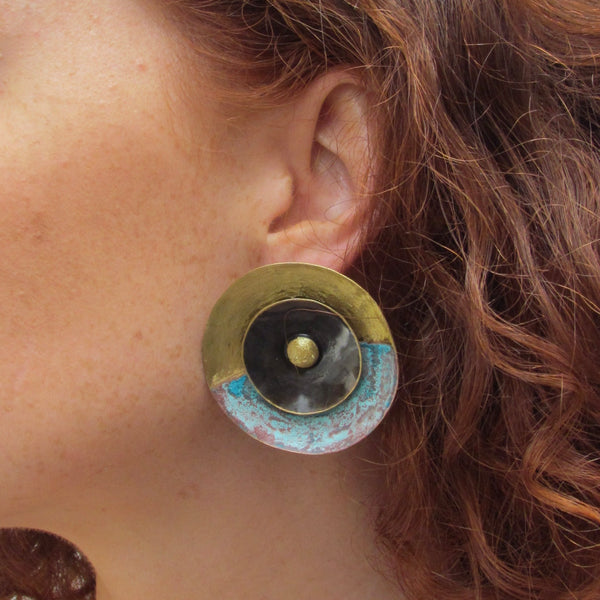 Mylah Earrings Brass, Enamel, Patina & Sterling Silver Posts 