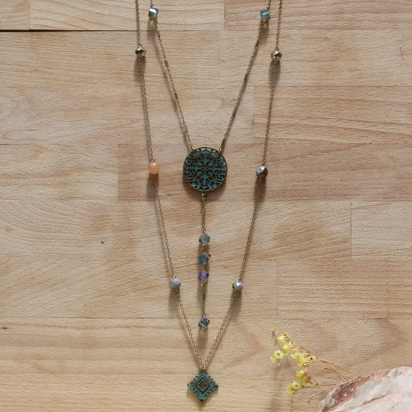 Thalia Necklace Brass, Patina & Crystals 
